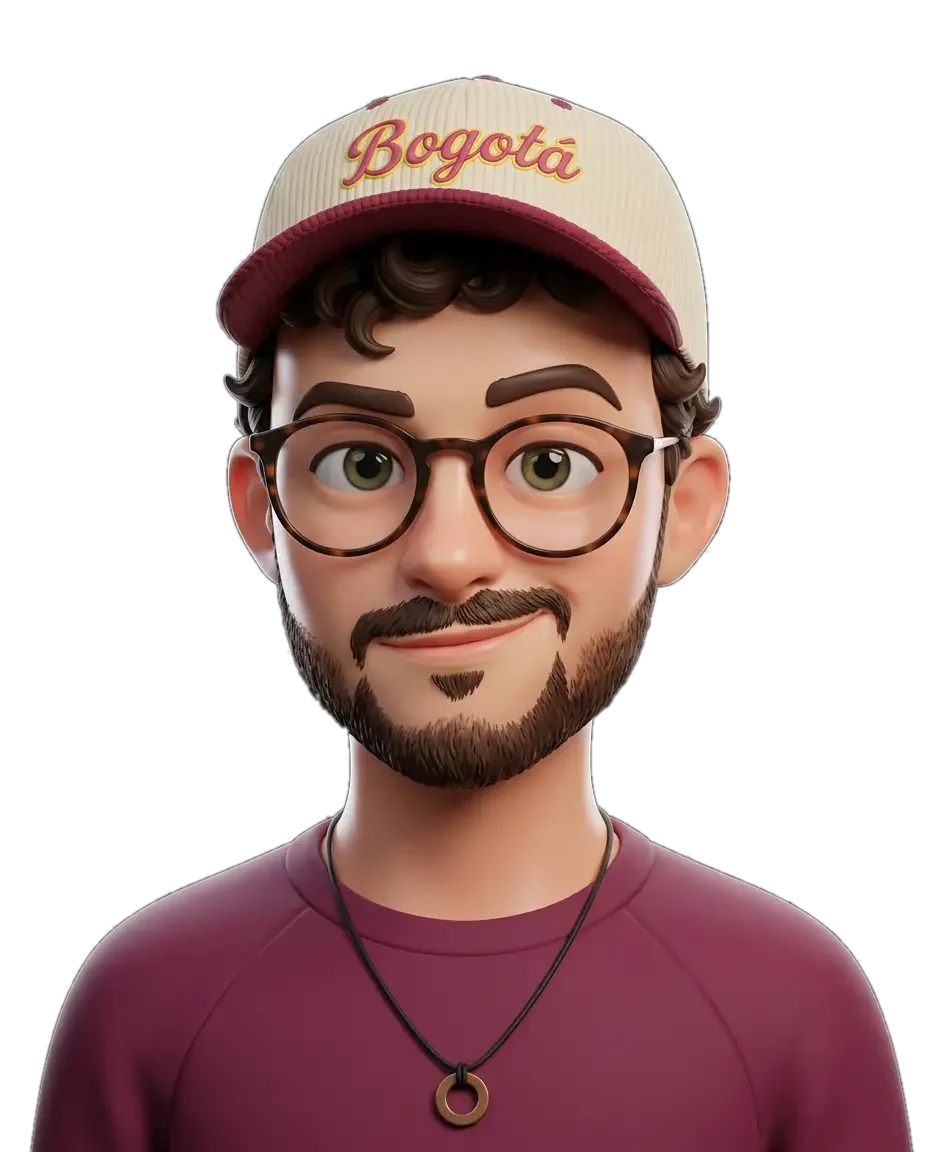 Danny, a 3D cartoon portrait with a beard, round tortoiseshell glasses and a cream cap