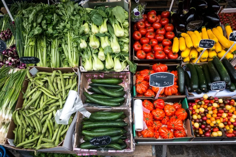 A market stall, loaded and open for the day.
