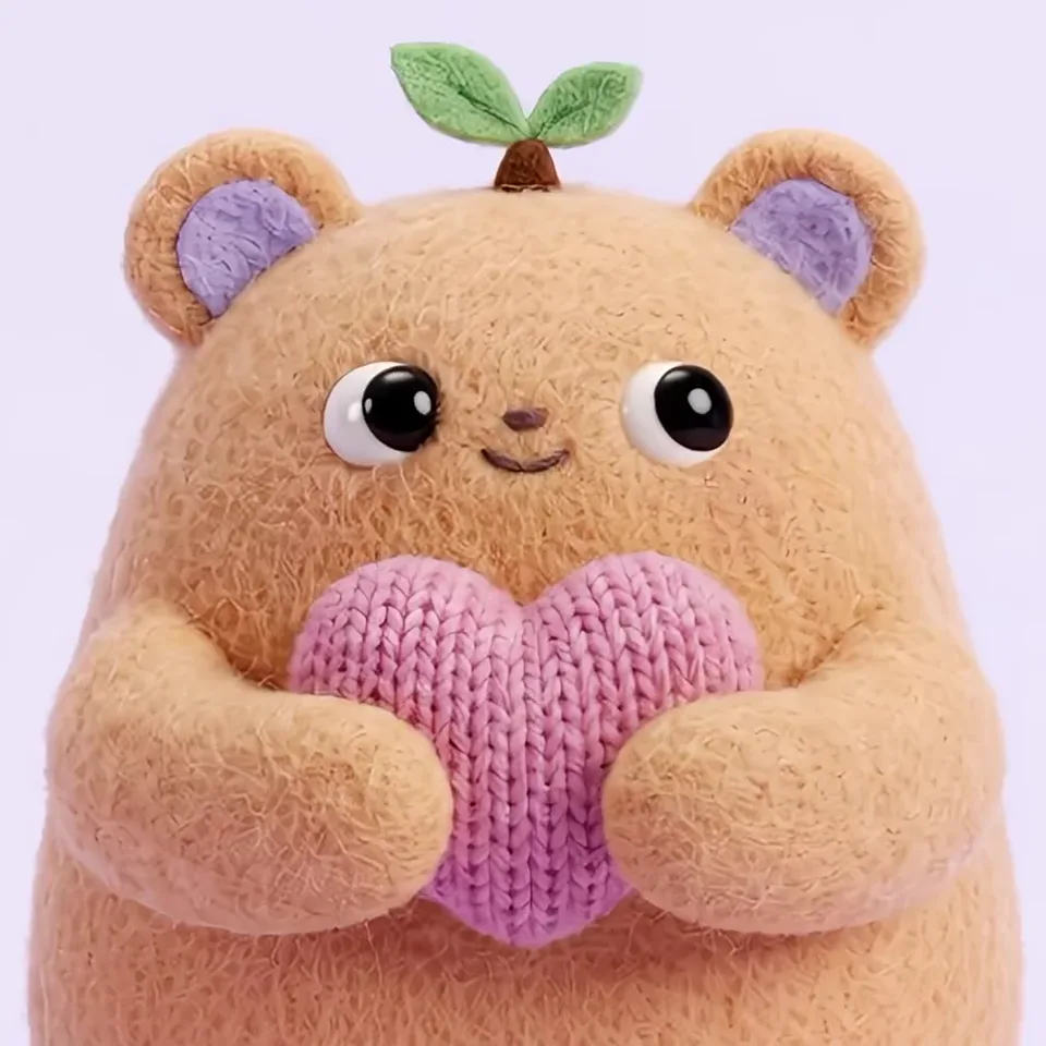 Pip, a round apricot felt bear with a green sprout on its head, holding a pink knitted heart.
